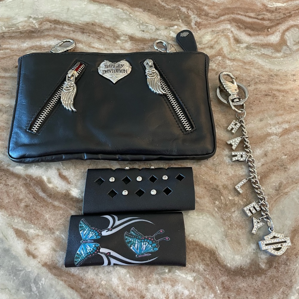 Harley Davidson Belt Purse, Fanny pack, 2 hair ties, key chain jean chain.